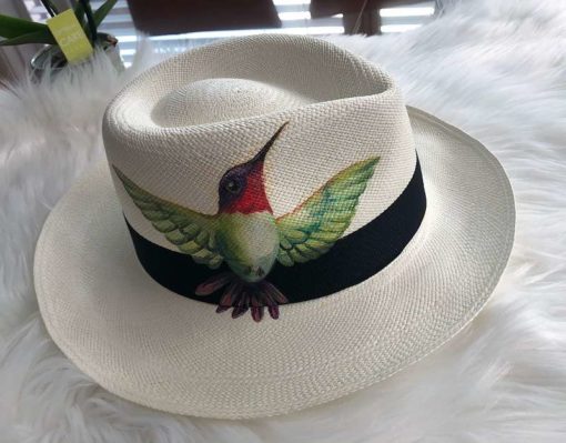 Orginal Panama-Hut | Stroh-Hut | Sommer-Hut aus Ecuador  Traditionell Handgeflochten. Motiv Kolibri